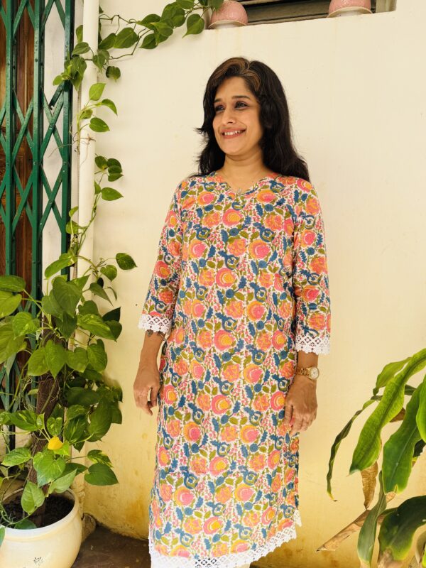 Multicolor Sanganeri Kurta with lace for work wear