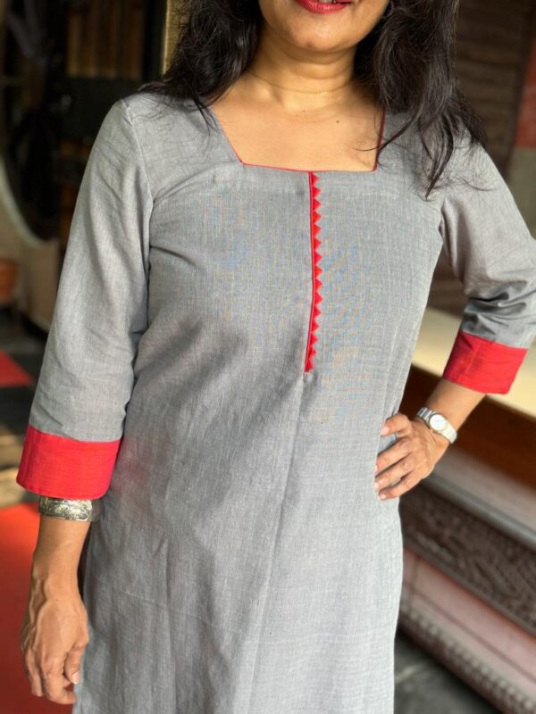 Stylish grey kurta for festive wear with a twist of red borders
