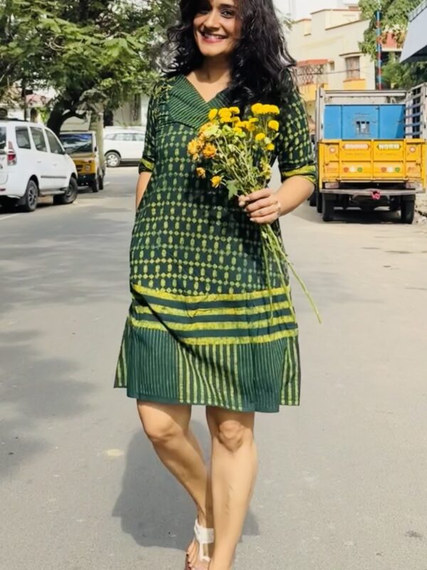Girl wearing block printed green dress in Chennai